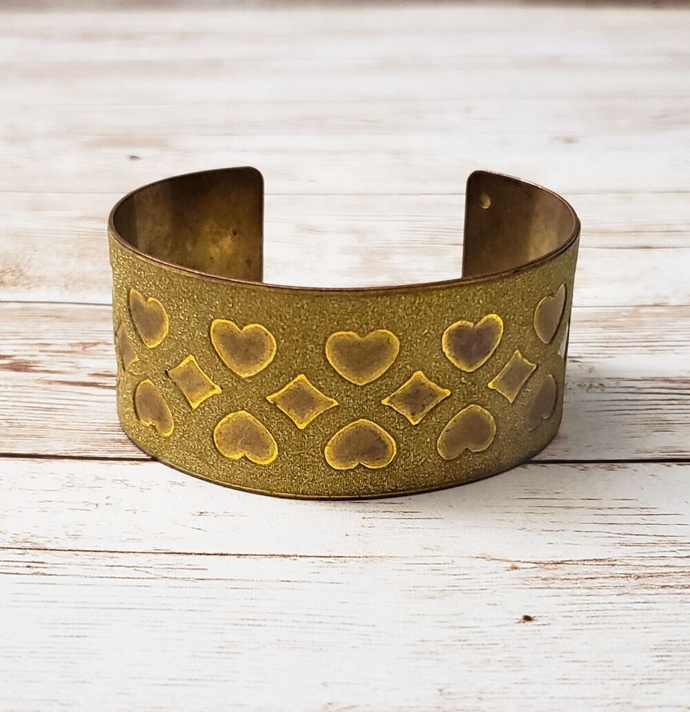 Vintage Cuff Bracelet / Bangle - Heart & Diamond Pattern